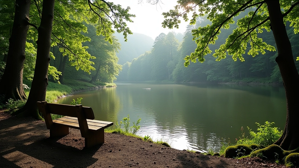 Calm lake water surrounded by forest trees, wooden bench visible on gravel path overlooking the water