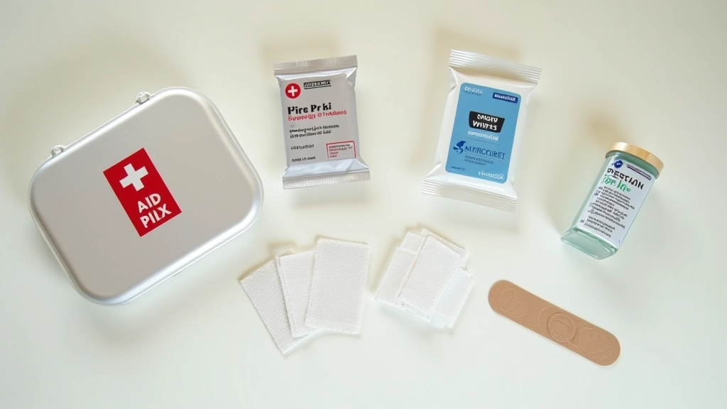 First aid kit contents spread out including plasters, antiseptic wipes, and elastic bandage on a neutral surface