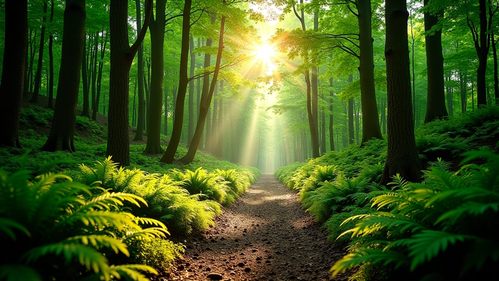 Forest path with dappled sunlight filtering through dense canopy, ferns and moss visible on forest floor