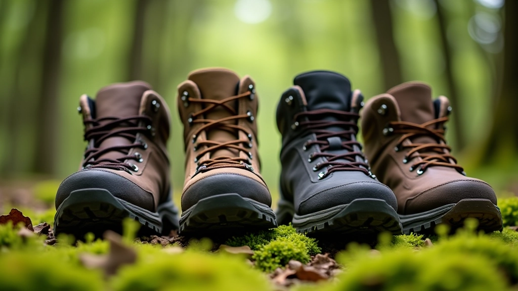 Close-up of different hiking boots and shoes displayed on forest ground showing various tread patterns and designs