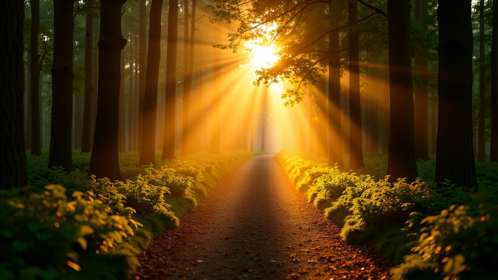 Scenic woodland path at golden hour with warm light filtering through trees