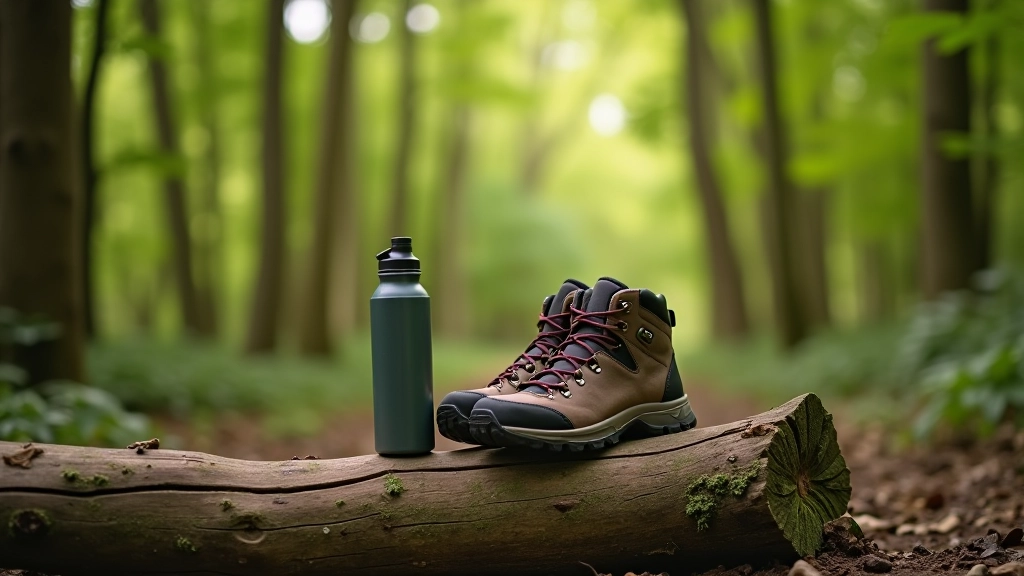 Hiking boots and water bottle placed on a forest log, natural daylight filtering through trees