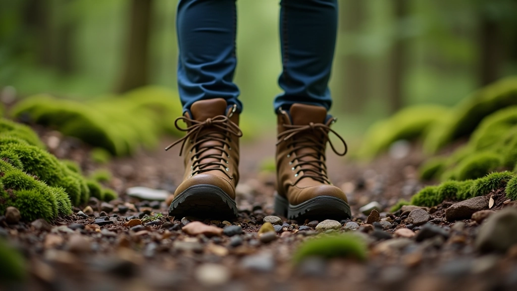 Hiking boots on a forest trail with leaf litter, close-up of proper footwear on path
