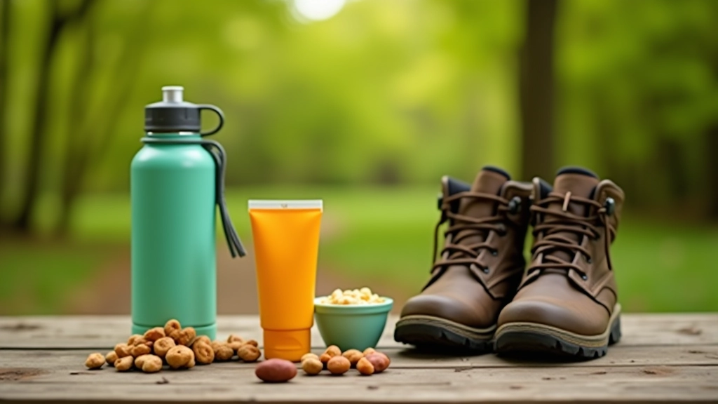 Outdoor hiking gear laid out on a picnic table including water bottle, trail snacks, sunscreen, and hiking boots on natural background