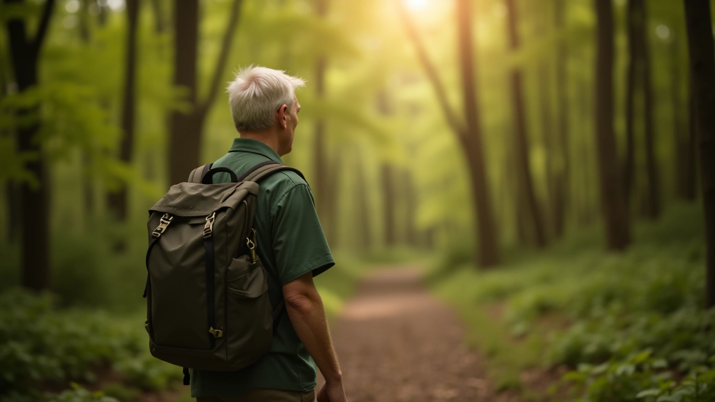 Senior hiker pausing on forest trail to enjoy the view of natural landscape at Curraghchase Woods