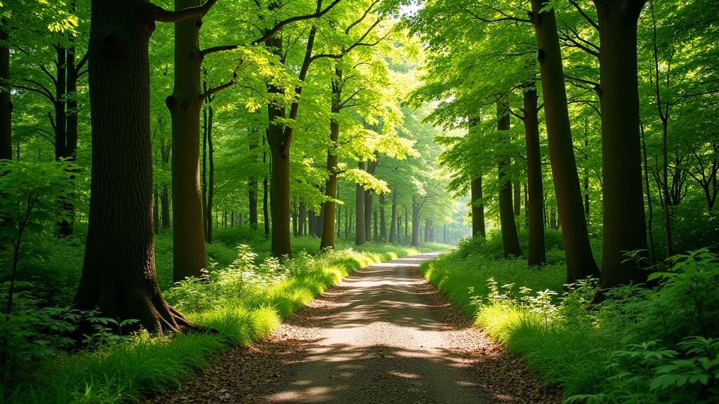 Scenic forest trail at Curraghchase with tall trees on both sides and natural woodland path, bright daylight filtering through canopy
