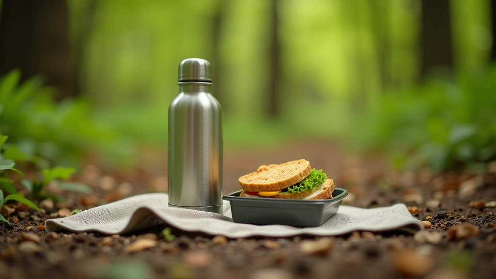 Packed lunch and water bottle arranged on a picnic blanket in a forest clearing