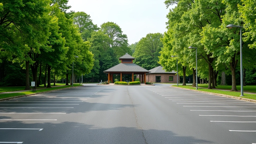 Parking area at Curraghchase Woods entrance with marked spaces and visitor center building in background, clear autumn day