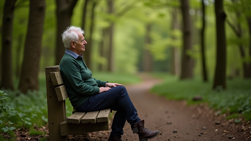 Senior walker resting on a wooden bench on forest trail, peaceful woodland setting with trees in background