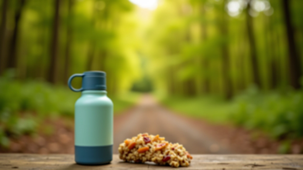 Reusable water bottle and granola bar placed on a wooden bench in a forest clearing