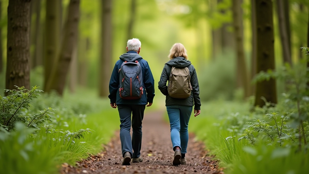 Group of senior hikers enjoying a peaceful walk together on a forest trail surrounded by natural woodland