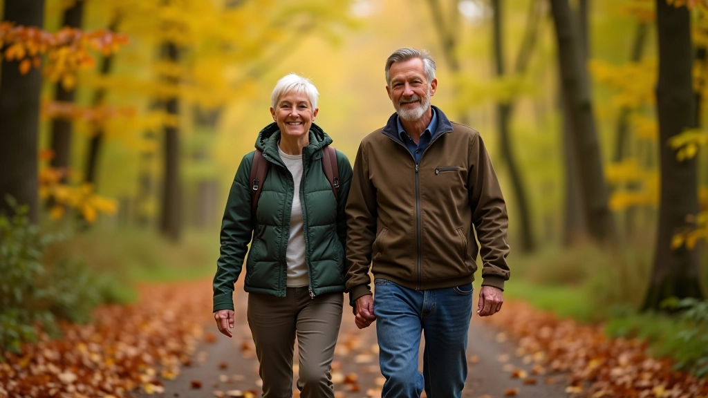 Senior couple walking together on a forest trail at Curraghchase, both smiling