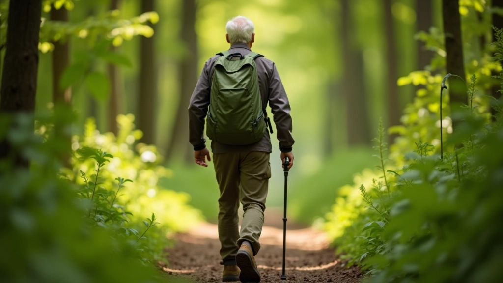 Senior hiker wearing hiking boots, walking on a forest path with green vegetation and dappled sunlight