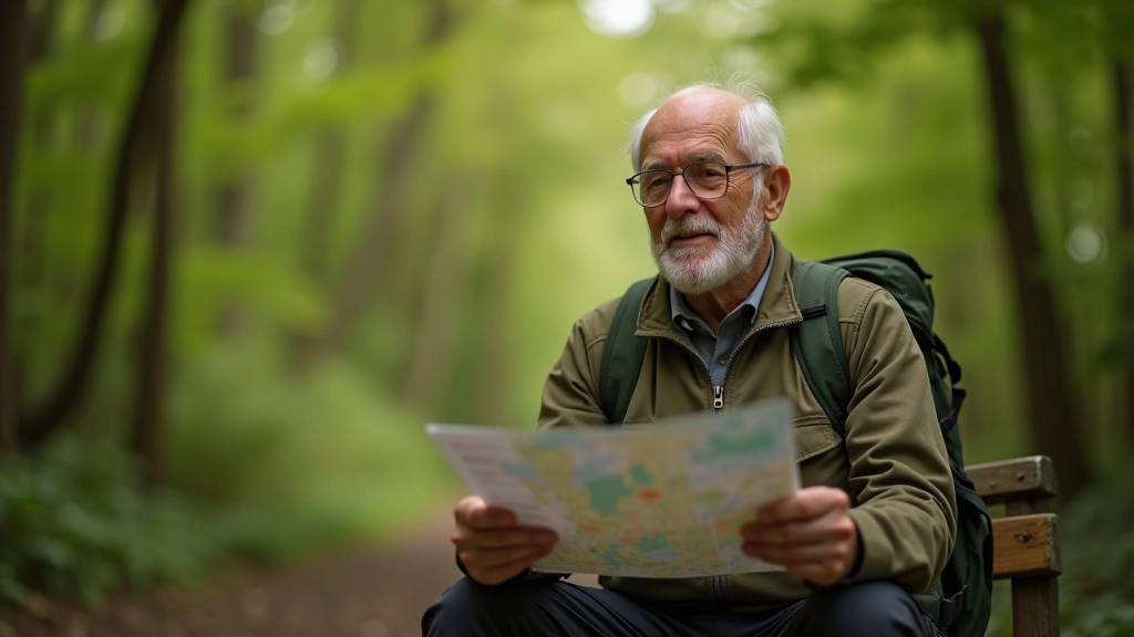 Senior person sitting on a wooden bench in the forest, looking at trail map and smiling
