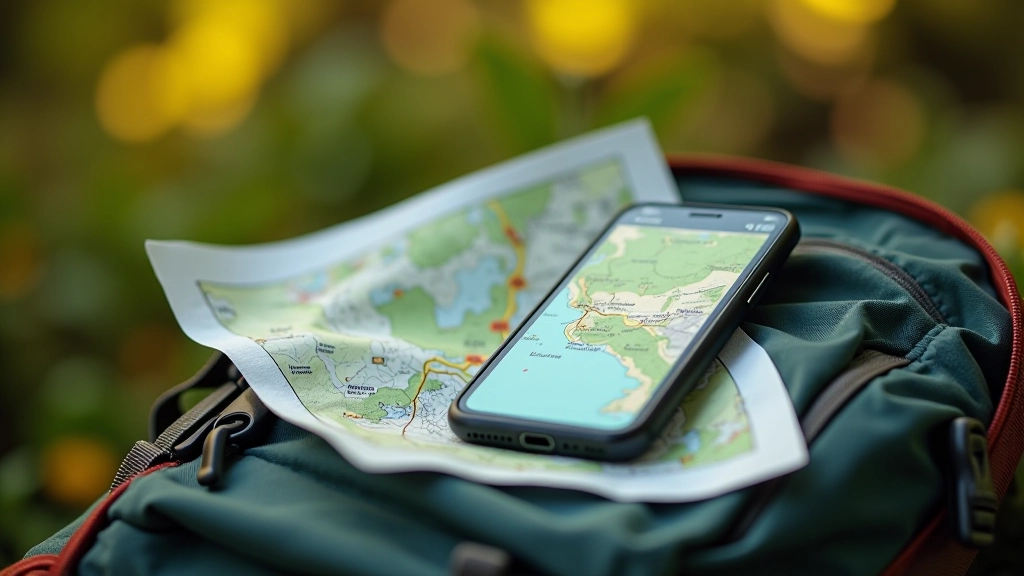 Mobile phone with hiking app open and printed map of Curraghchase Woods trails on a hiking rucksack