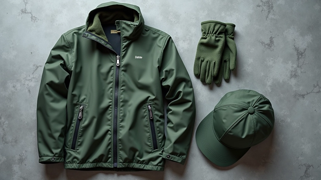 Folded waterproof jacket, cap, and pair of gloves arranged on a neutral background ready for packing