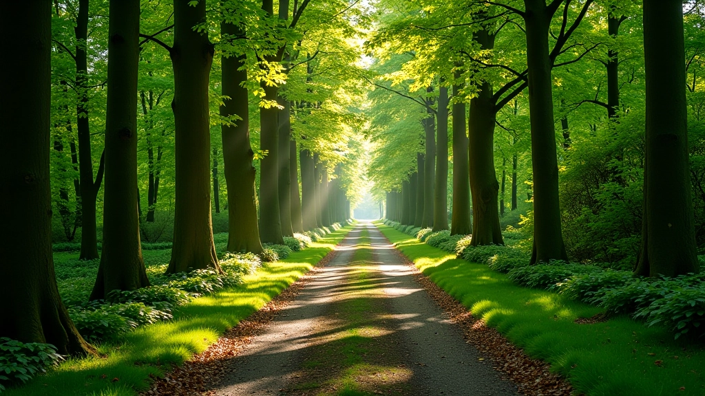 Forest path with dappled sunlight through beech trees at Curraghchase Woods